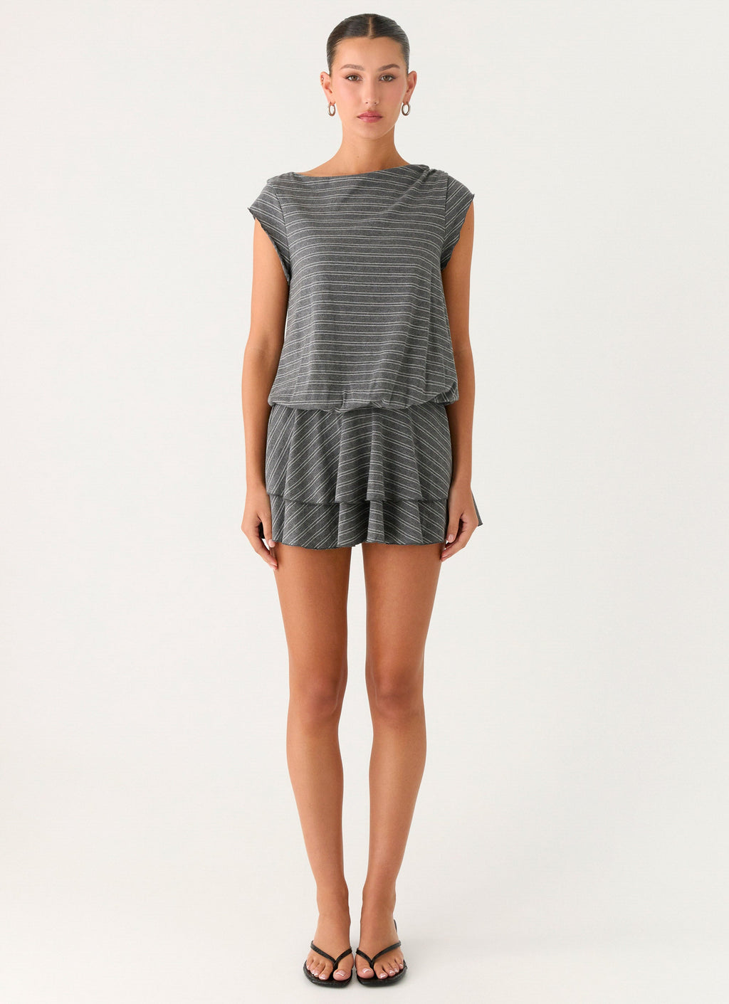Bambola Wide Neck Mini Dress - Grey Marle Stripe