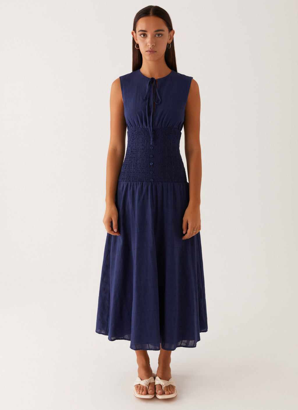 Belle Shirred Waist Midi Dress - Navy